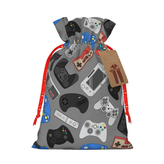 Fuzoiu Video Game Print Christmas Gift Bag,Burlap Gift Bag with Drawstring Closure & Hang Tag,Perfect for Holidays, Birthdays, and Special Occasions-Medium
