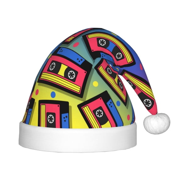 Fuzoiu Vintage Audio Cassettes Print Santa Hat Christmas Hat for kids,Santa Hats with Pompom, Unisex Xmas Holiday Hat for Christmas New Year Festive Party Supplies