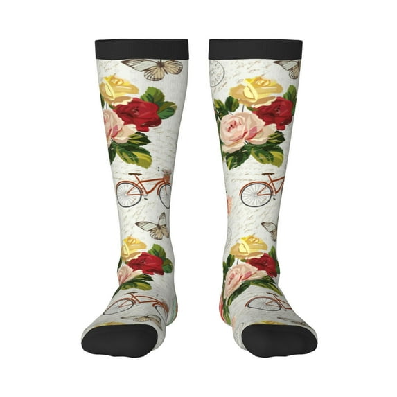 Fuzoiu Vintage Bike Flower Butterfly Print Adult Stockings,Crew Socks,Unisex Fashion Socks, Casual Sports Socks,Comfortable Crew Socks for Everyday Wear and Sports