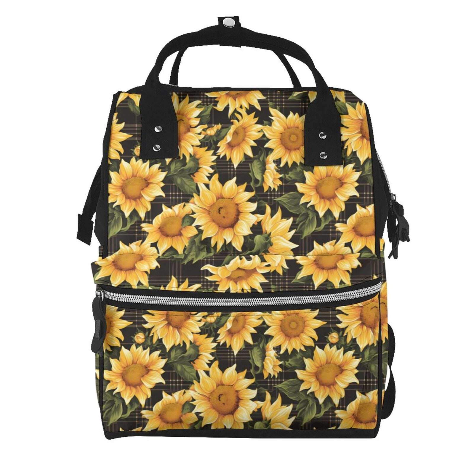 Fuzoiu Vintage Black Plaid Sunflower Print Diaper Bag Backpack,Baby Essentials Travel Tote,Multi function Waterproof Diaper Bag, Travel Essentials Baby Bag - Unisex