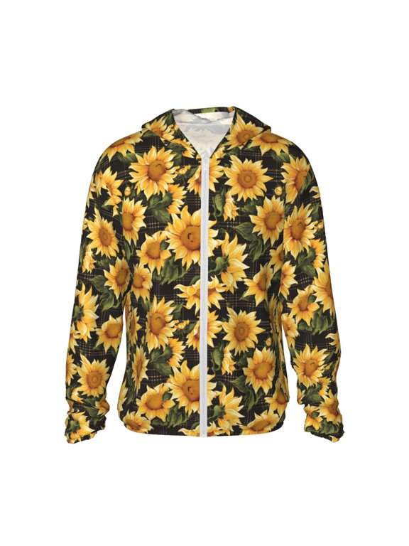 Vintage Black Plaid Sunflower Print Unisex Sun Protection Hoodie,UPF 50+ Light Jacket,Full Zip Sun Protection Hoodie,Long Sleeve Sun Shirts,for Outdoor Activities-Medium
