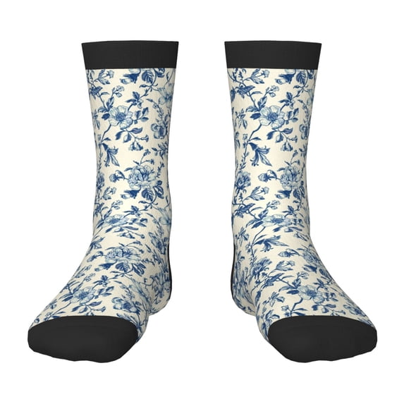 Fuzoiu Vintage Blue Floral Print Kids Socks For Boys Girls,Grip Crew Socks with Non Slip,Lightweight Stretch Crew Socks,Toddlers Crew Boot Socks