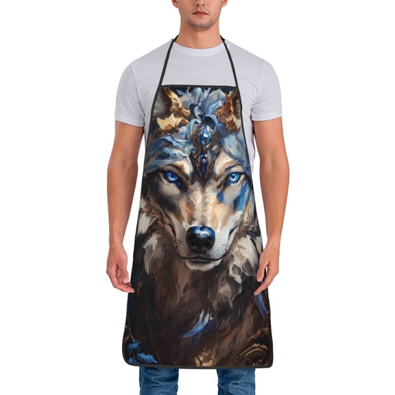 Fuzoiu Vintage Blue Floral Wolf Print Waterproof Apron, Kitchen Apron for Women Men Chef, Apron for Christmas Dinner Party Cooking Baking Crafting House Cleaning Kitchen
