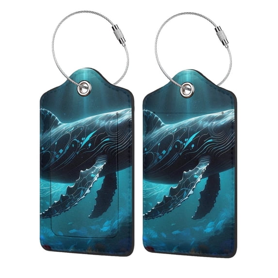 Fuzoiu Vintage Blue Pattern Whale Print Premium Leather Luggage Tag,Travel Accessory,Luggage Tag for Suitcase Baggage Handbag Travel Bag,Name Card & Privacy Cover-1