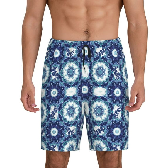 Fuzoiu Vintage Blue Print Pajama Shorts for Men, Men's Pajama Bottoms,Mens Lounge Sleepwear,Pajama Pants with Pocket-Medium