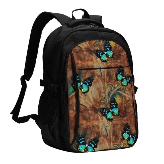 Fuzoiu Vintage Butterfly Green Print USB Backpack with Charging Port,Laptop Backpack,Business Travel Durable Laptops Backpack, for School, Work, Travel & Outdoor Activities