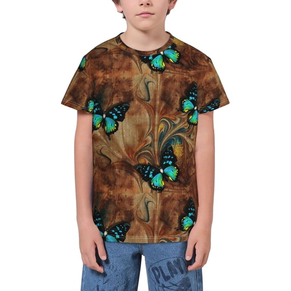 Fuzoiu Vintage Butterfly Green Print Youth Short Sleeve T-Shirt,Youth Dry-Fit Active Athletic T-Shirt,Short Sleeve Tops Tees for School, Sports, and Casual Wear