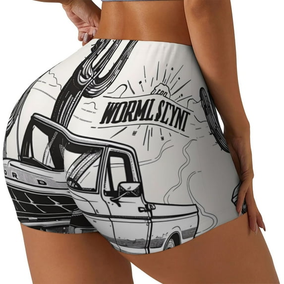 Fuzoiu Vintage Cactus Pickup Print Women's Workout Shorts,Workout Biker Shorts Women,Exercise Fitness Shorts,Scrunch Short, Athletic Shorts for Gym Yoga Running Sport Active-Medium