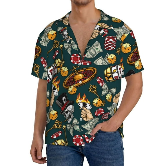 Fuzoiu Vintage Casino Chips Print Men's Casual Short,Men's Short Sleeve Shirt,Mens Casual Button Down Shirts,Cuban Collar Summer Shirt for Beach, Vacation, and Outdoor Activities-Medium
