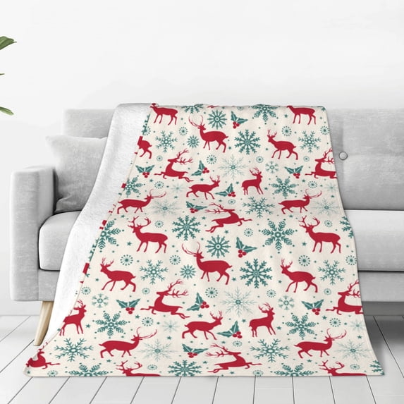 Fuzoiu Vintage Christmas Reindeer Print Ultra-Soft Micro Fleece Blanket,All Seasons Flannel Throw, Lightweight Blanket for Bed, Sofa, Couch, Movie Night, Camping, and Travel-50"x40"