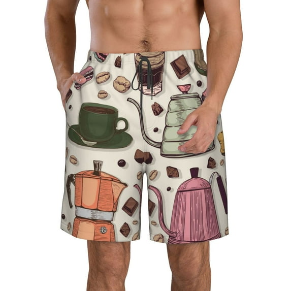 Fuzoiu Vintage Coffee Print Men's Beach Shorts,Men's Swim Trunks,Quick Dry Board Shorts with Pockets,Men's Bathing Suits for Surfing, Running, and Casual Wear-Small