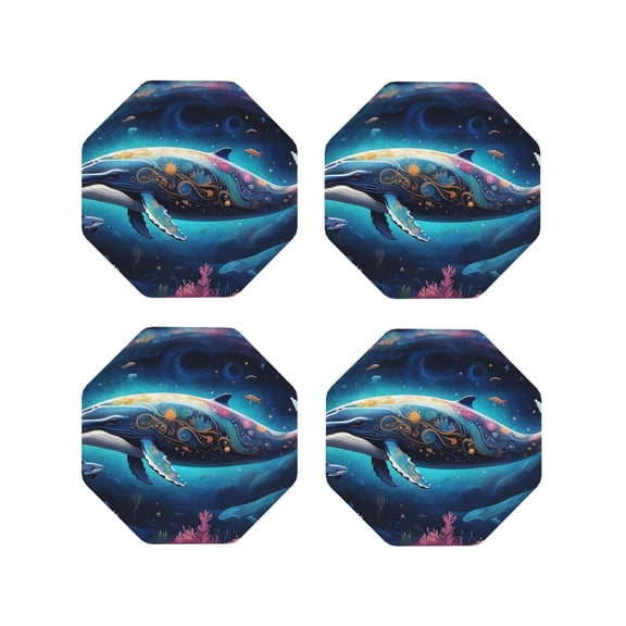 Fuzoiu Vintage Colorful Patterned Dolphin Print Leather Coasters Set,Drink Coasters Set of 4,for Tabletop Protection, Durable PVC Coasters,Home Décor and Housewarming Gift-Octagon