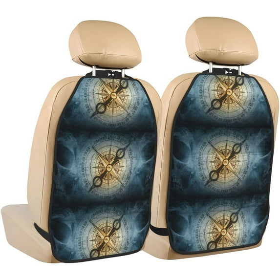 Fuzoiu Vintage Compass Print 2 Pack Kick Mat Back Seat Protector With 3 Storage Pockets, Universal Car Seat Back Organizer For Kids Pets, Waterproof Backseat Protector For Most Car