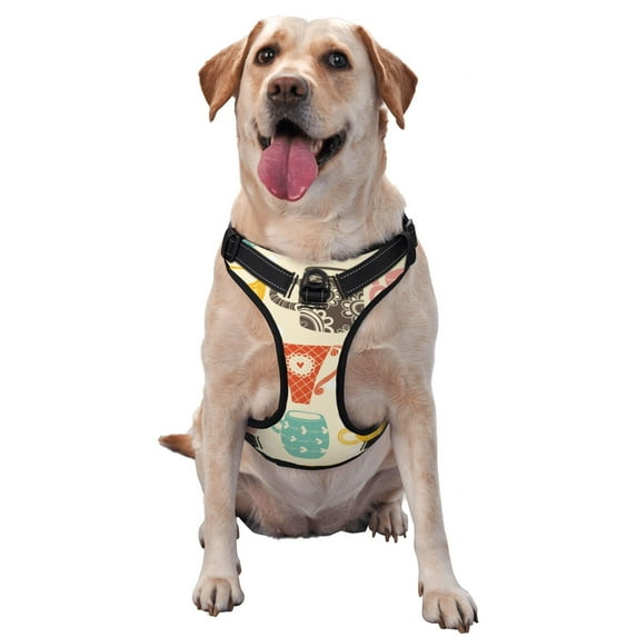 Fuzoiu Vintage Cup Print Reflective Dog Harness,Adjustable, Breathable Pet Vest,Dog Harness No Pull,No Choke Pet Vest for Small, Medium, and Large Dogs-Large