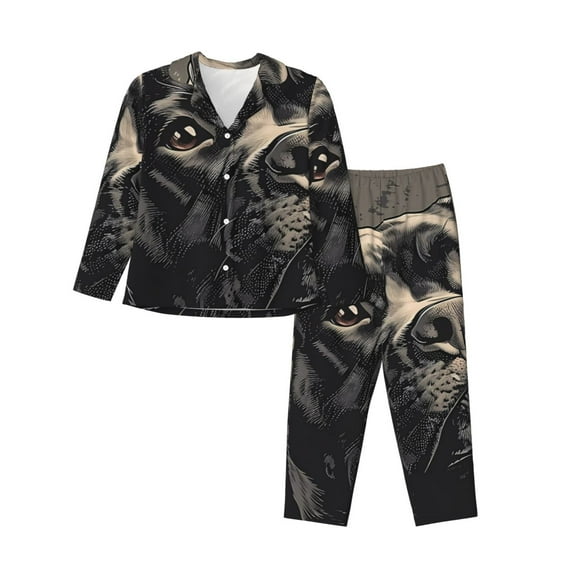 Fuzoiu Vintage Dog Illustration Print Women's Long-Sleeved Pajama,Lounge Button Down Nightwear,Womens Notch Collar Pajama Set-XX-Large