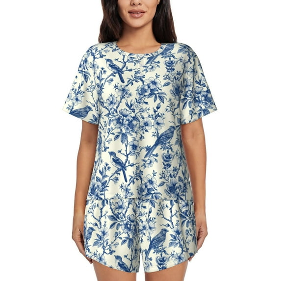 Fuzoiu Vintage Floral Birds Print Women's Short-Sleeved Pajama Set,Lounge Sleepwear Set,Womens Pajama Sets 2 Piece,Button-Up Top and Shorts with Pockets-Medium