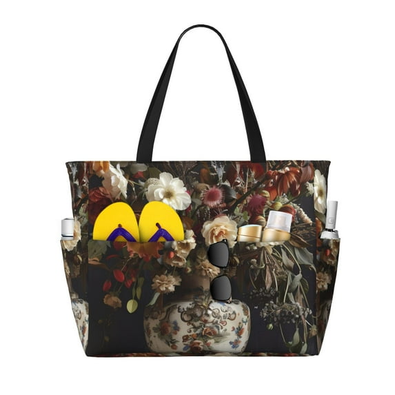 Fuzoiu Vintage Floral Vase A Print Waterproof Beach Tote Bag for Women Girls with Zipper,Sandproof Pool Swim Bag,Large Capacity Beach Travel Bag for Pool Swim Travel Everyday