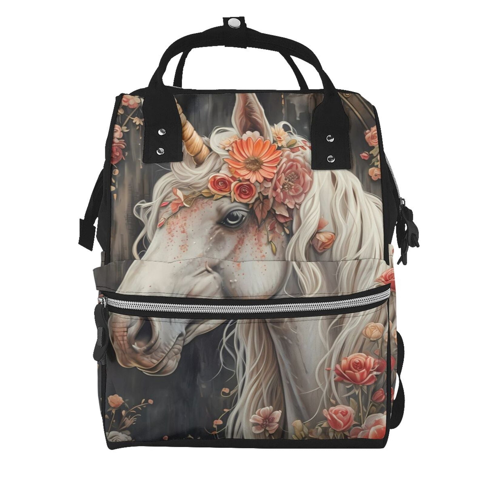 Fuzoiu Vintage Floral White Horse Print Diaper Bag Backpack,Baby Essentials Travel Tote,Multi function Waterproof Diaper Bag, Travel Essentials Baby Bag - Unisex