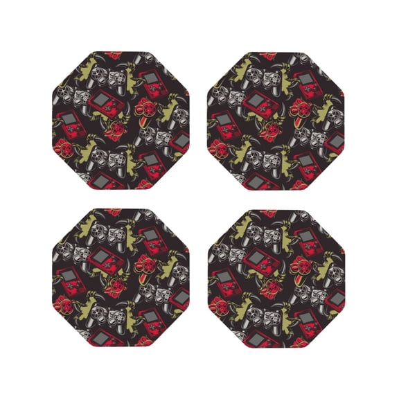 Fuzoiu Vintage Gaming Print Leather Coasters Set,Drink Coasters Set of 4,for Tabletop Protection, Durable PVC Coasters,Home Décor and Housewarming Gift-Octagon