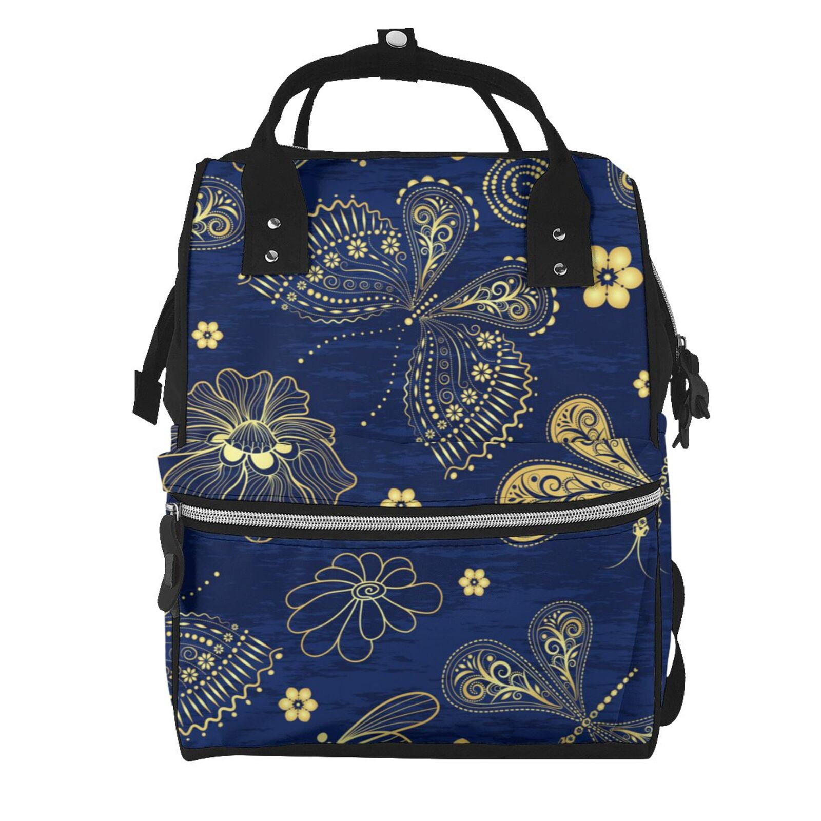Fuzoiu Vintage Golden Butterfly Print Diaper Bag Backpack,Baby Essentials Travel Tote,Multi function Waterproof Diaper Bag, Travel Essentials Baby Bag - Unisex