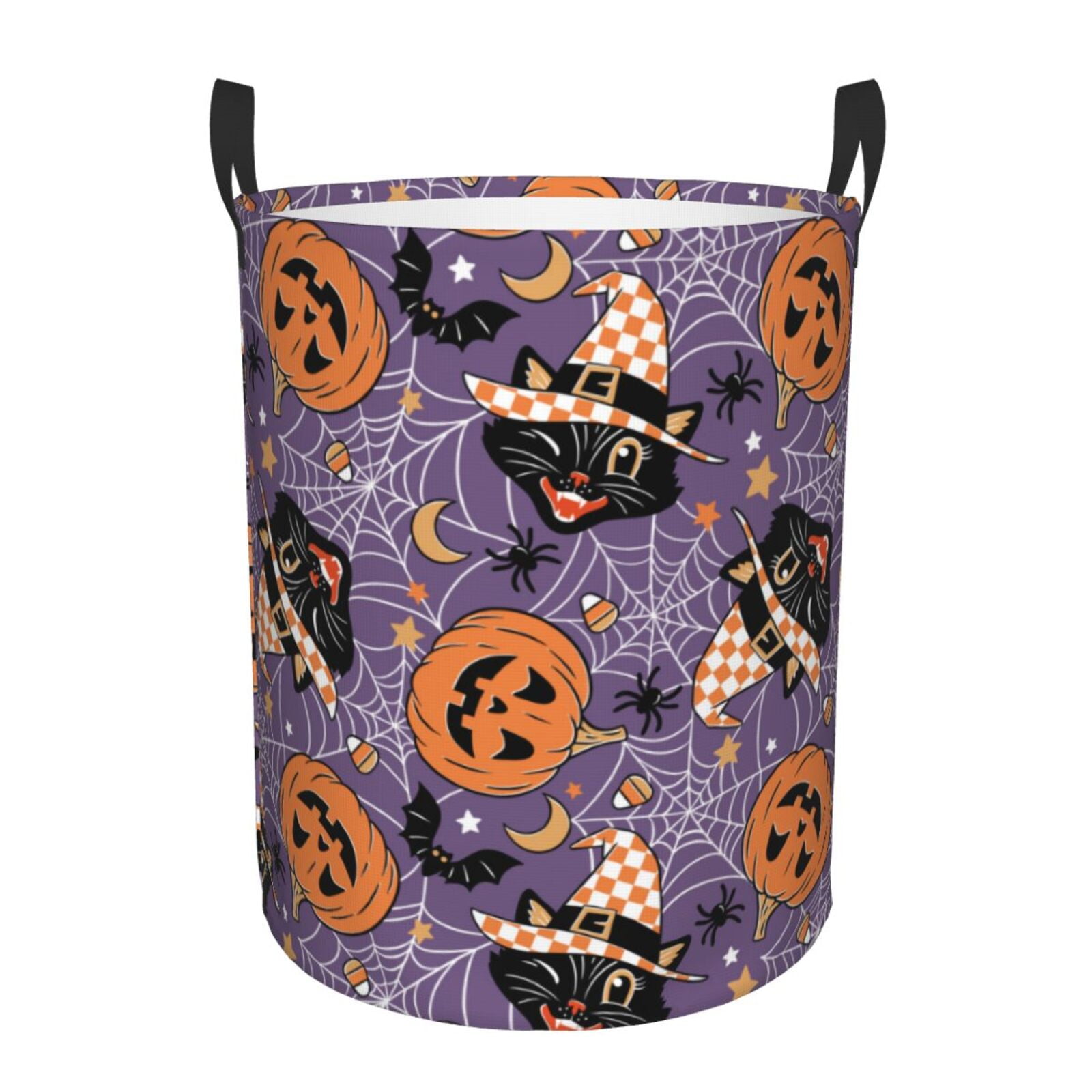 Fuzoiu Vintage Halloween Black Cat Print Circular Hamper,Laundry Basket with Handle,Collapsible Laundry,Dirty Clothes Storage Basket,for Bedroom Bathroom Dorm Living Room-Small