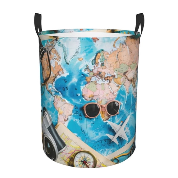 Fuzoiu Vintage Map Travel Essentials Print Circular Hamper,Laundry Basket with Handle,Collapsible Laundry,Dirty Clothes Storage Basket,for Bedroom Bathroom Dorm Living Room-Medium