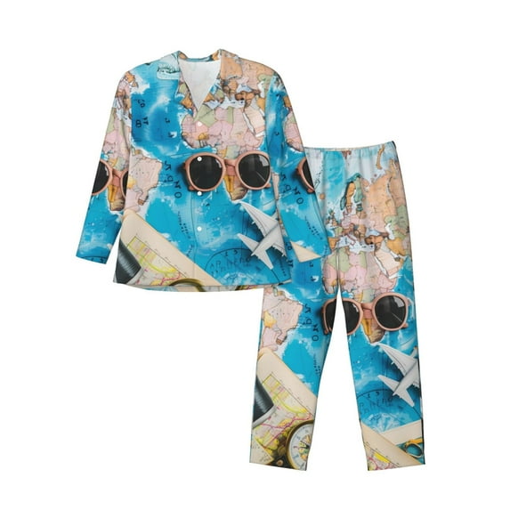 Fuzoiu Vintage Map Travel Essentials Print Men's Long-Sleeved Pajama,Lounge Button Down Nightwear,Mens Notch Collar Pajama Set -X-Large