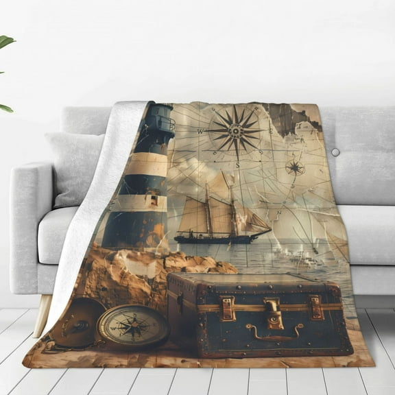 Fuzoiu Vintage Nautical Lighthouse Print Ultra-Soft Micro Fleece Blanket,All Seasons Flannel Throw, Lightweight Blanket for Bed, Sofa, Couch, Movie Night, Camping, and Travel-40"x30"