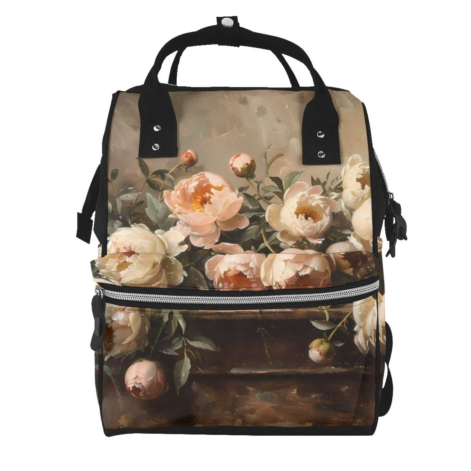 Fuzoiu Vintage Peonies Rustic Charm Print Diaper Bag Backpack,Baby Essentials Travel Tote,Multi function Waterproof Diaper Bag, Travel Essentials Baby Bag - Unisex