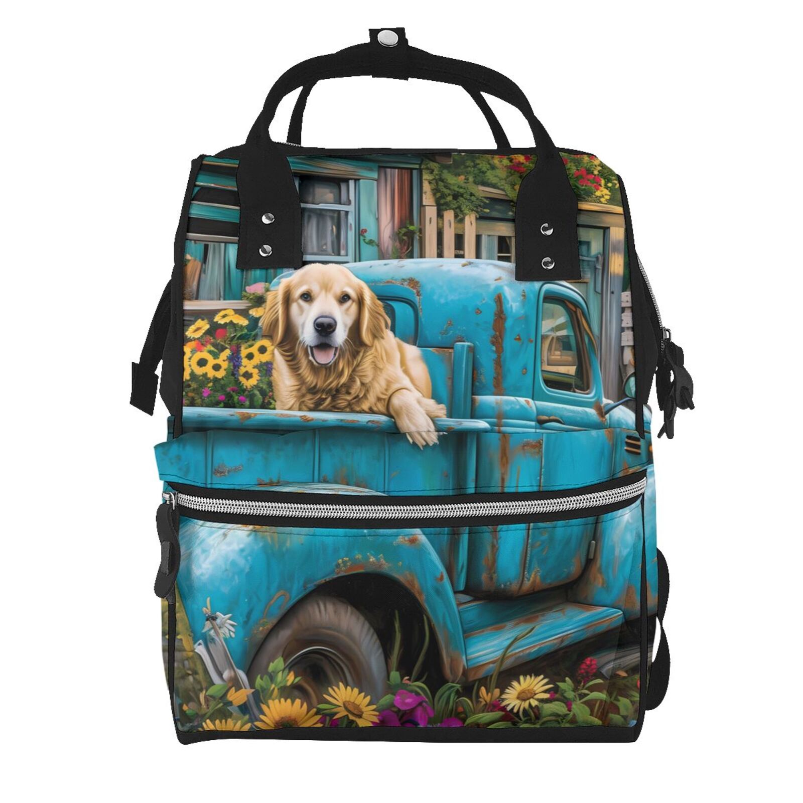 Fuzoiu Vintage Pickup Sunflower Dog Print Diaper Bag Backpack,Baby Essentials Travel Tote,Multi function Waterproof Diaper Bag, Travel Essentials Baby Bag - Unisex