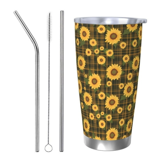 Fuzoiu Vintage Plaid Sunflower Print 20oz Tumbler, Stainless Steel Vacuum Insulated Car Cup, Insulated Coffee Mug,Travel Mug with Lid,Thermal Cup for Outdoor-Straw Three-piece Set