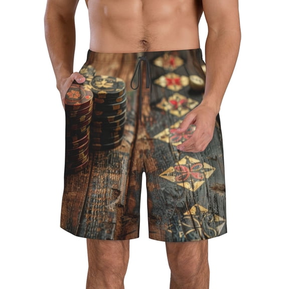 Fuzoiu Vintage Poker Chips Print Men's Beach Shorts,Men's Swim Trunks,Quick Dry Board Shorts with Pockets,Men's Bathing Suits for Surfing, Running, and Casual Wear-Small