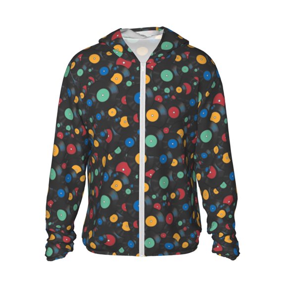 Fuzoiu Vintage Records Print Unisex Sun Protection Hoodie,UPF 50+ Light Jacket,Full Zip Sun Protection Hoodie,Long Sleeve Sun Shirts,for Outdoor Activities-XX-Large