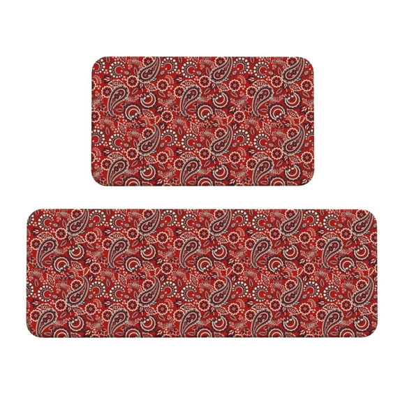 Fuzoiu Vintage Red Paisley Print Kitchen Floor Mat 2 Sets,Kitchen Rugs and Mats,,Non Skid Waterproof Kitchen Floor Mat for Kitchen,Home Office,Sink,Laundry