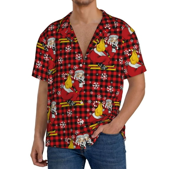 Fuzoiu Vintage Santa Skiing Red Plaid Print Men's Casual Short,Men's Short Sleeve Shirt,Mens Casual Button Down Shirts,Cuban Collar Summer Shirt for Beach, Vacation, and Outdoor Activities-Large