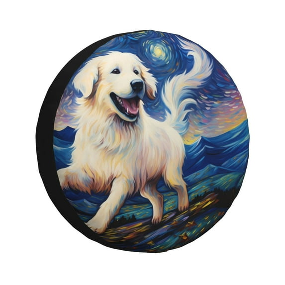 Fuzoiu Vintage Starry Sky Puppy Print Universal Spare Tire Cover with Buckle Strap, Waterproof Wheel Covers for Jeep, Trailer, RV, Truck and All Car-16 inch