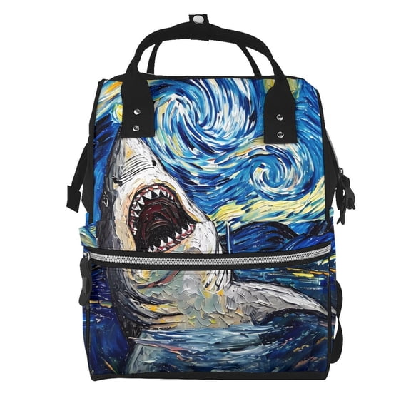 Fuzoiu Vintage Starry Sky Shark Print Diaper Bag Backpack,Baby Essentials Travel Tote,Multi function Waterproof Diaper Bag, Travel Essentials Baby Bag - Unisex
