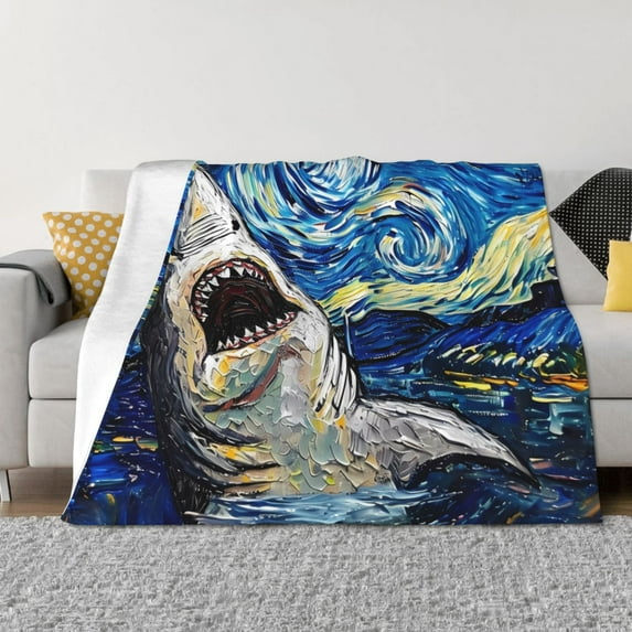 Fuzoiu Vintage Starry Sky Shark Print Flannel Blanket,Throw Blanket,Flannel Home Decor,Fleece Bed Blankets,Cozy Soft Blanket for Bed, Sofa, Camping, and Travel-60"x50"