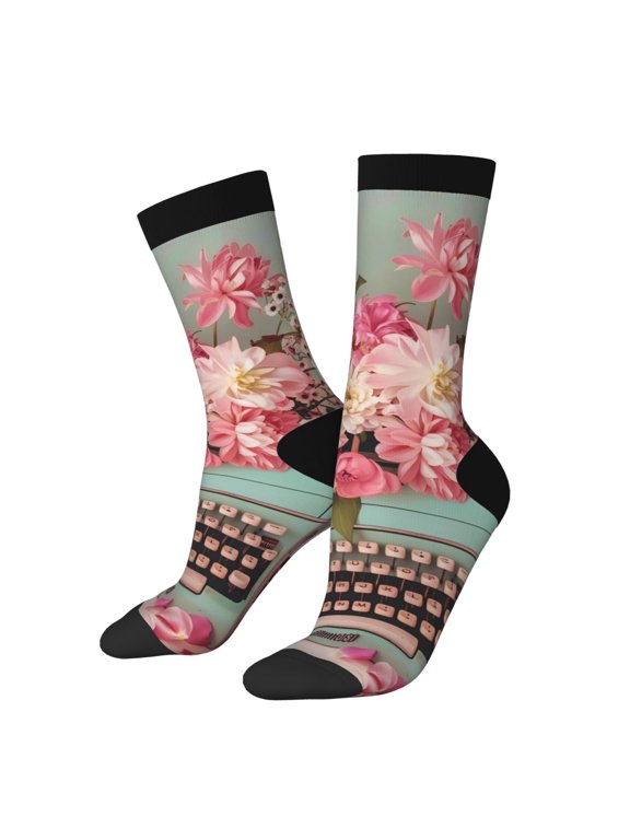 Vintage Typewriter Floral Print Athletic Crew Socks for Men & Women,Casual Crew Socks,Above Ankle Crew Socks for Business, Casual