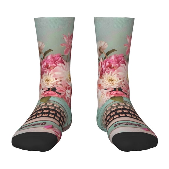 Fuzoiu Vintage Typewriter Floral Print Kids Socks For Boys Girls,Grip Crew Socks with Non Slip,Lightweight Stretch Crew Socks,Toddlers Crew Boot Socks