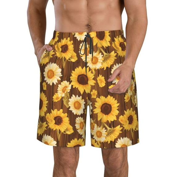 Fuzoiu Vintage Wood Grain Sunflower A Print Men's Beach Shorts,Men's Swim Trunks,Quick Dry Board Shorts with Pockets,Men's Bathing Suits for Surfing, Running, and Casual Wear-3X-Large