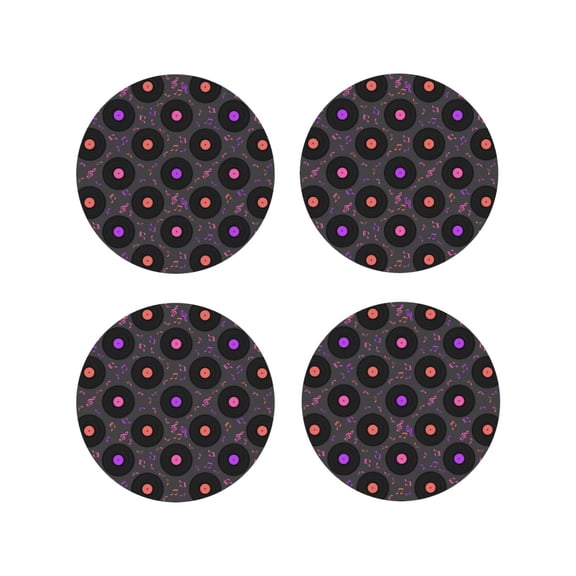 Fuzoiu Vinyl Records Musical Notes Print Leather Coasters Set,Drink Coasters Set of 4,for Tabletop Protection, Durable PVC Coasters,Home Décor and Housewarming Gift-Round Shape
