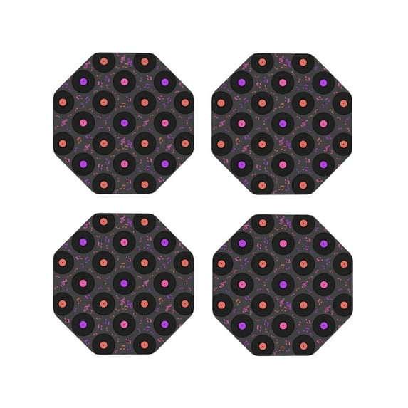 Fuzoiu Vinyl Records Musical Notes Print Leather Coasters Set,Drink Coasters Set of 4,for Tabletop Protection, Durable PVC Coasters,Home Décor and Housewarming Gift-Octagon