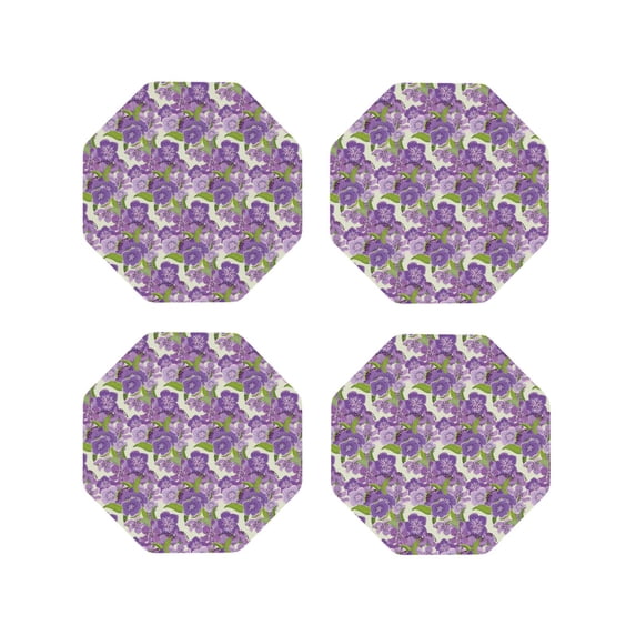 Fuzoiu Violets Flowers Print Leather Coasters Set,Drink Coasters Set of 4,for Tabletop Protection, Durable PVC Coasters,Home Décor and Housewarming Gift-Octagon
