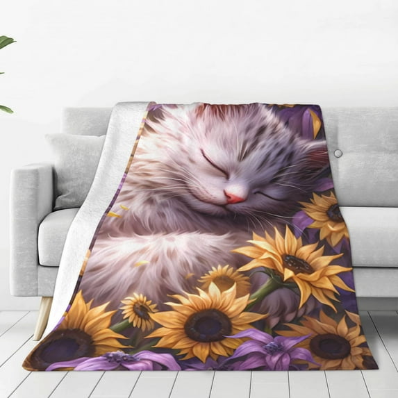 Fuzoiu Warm Sunflower Sleeping Cat Print Ultra-Soft Micro Fleece Blanket,All Seasons Flannel Throw, Lightweight Blanket for Bed, Sofa, Couch, Movie Night, Camping, and Travel-50"x40"