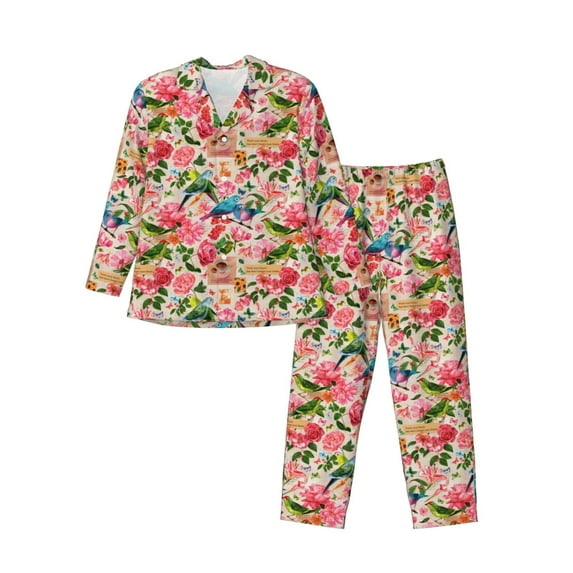 Fuzoiu Watercolor Birds Print Men's Long-Sleeved Pajama,Lounge Button Down Nightwear,Mens Notch Collar Pajama Set -Small