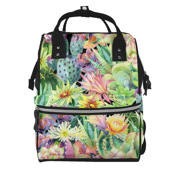 Fuzoiu Watercolor Blooming Cactus Print Diaper Bag Backpack,Baby Essentials Travel Tote,Multi function Waterproof Diaper Bag, Travel Essentials Baby Bag - Unisex