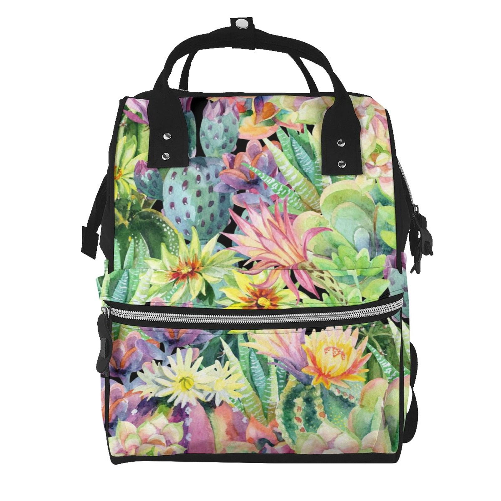 Fuzoiu Watercolor Blooming Cactus Print Diaper Bag Backpack,Baby Essentials Travel Tote,Multi function Waterproof Diaper Bag, Travel Essentials Baby Bag - Unisex