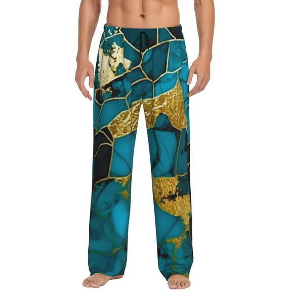 Fuzoiu Watercolor Blue Marbled Print Men's Pajama Pants,Lounge Pants for Men,Lounge PJ Bottoms,Sleepwear Pants with Drawstring Pockets -Small
