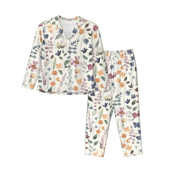 Fuzoiu Watercolor Floral Print Women's Long-Sleeved Pajama,Lounge Button Down Nightwear,Womens Notch Collar Pajama Set-Medium
